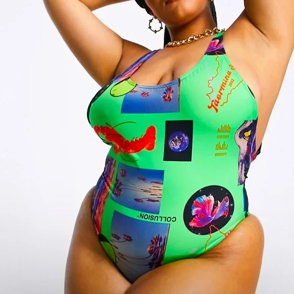 ASOS-COLLUSION Plus size halter neck swimsuit in neon green photographic print. - Picture 1 of 5